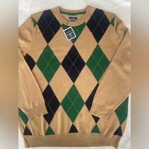 Men's Argyle Sweater Merino Wool - Tan, Green, and Navy - Size XL